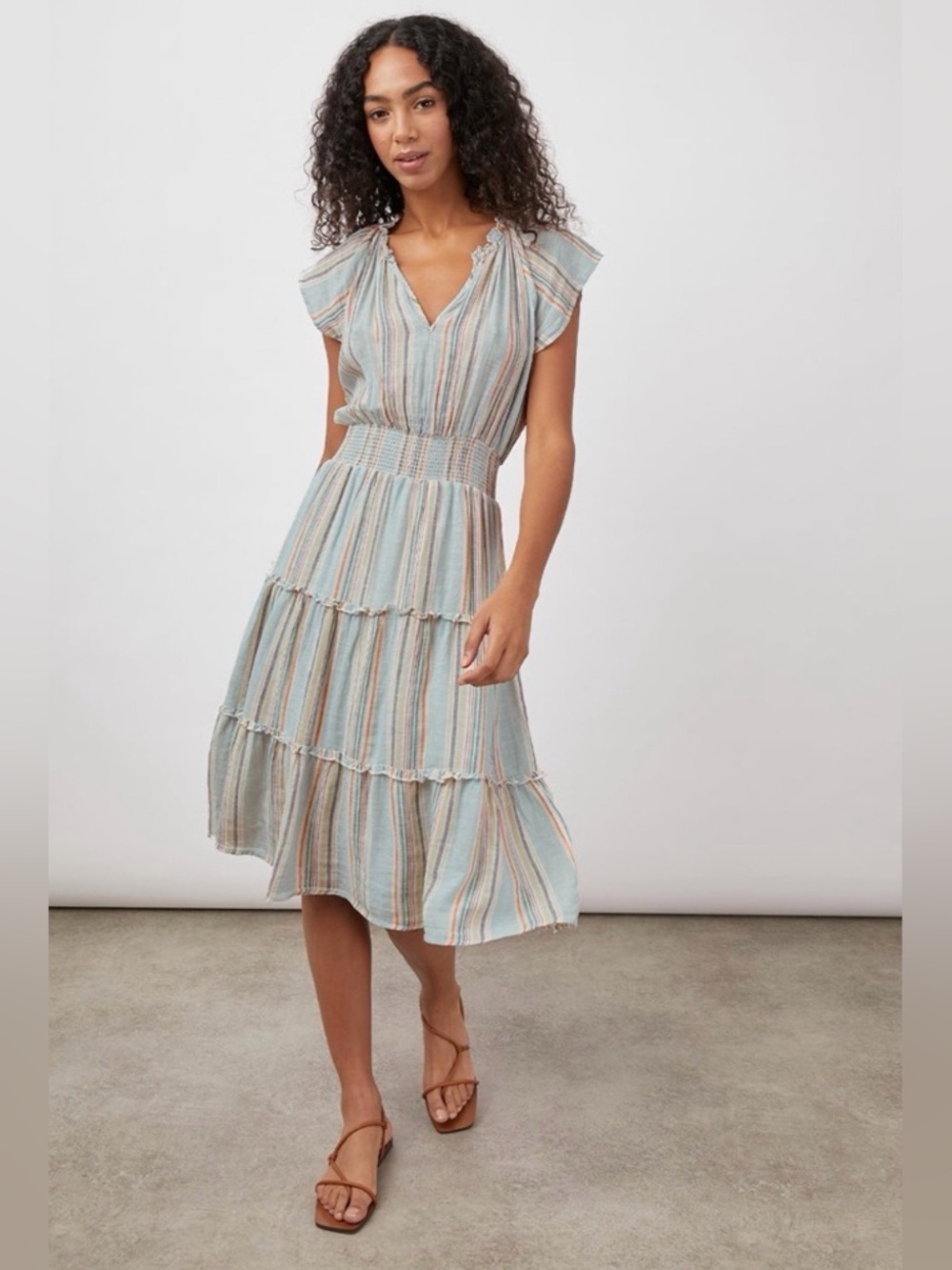 Rails Amellia Blue Striped V-Neck Flutter Sleeve Smocked Midi Dress Size Medium